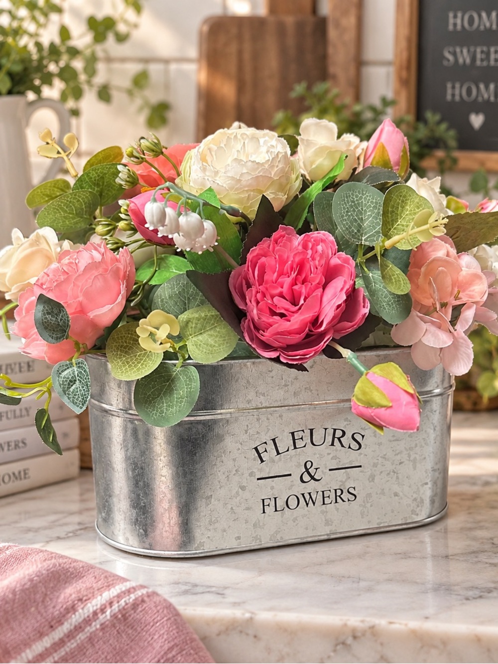 New Handmade Pink Cream Floral Arrangement Faux Flowers Galvanized Tin Decor